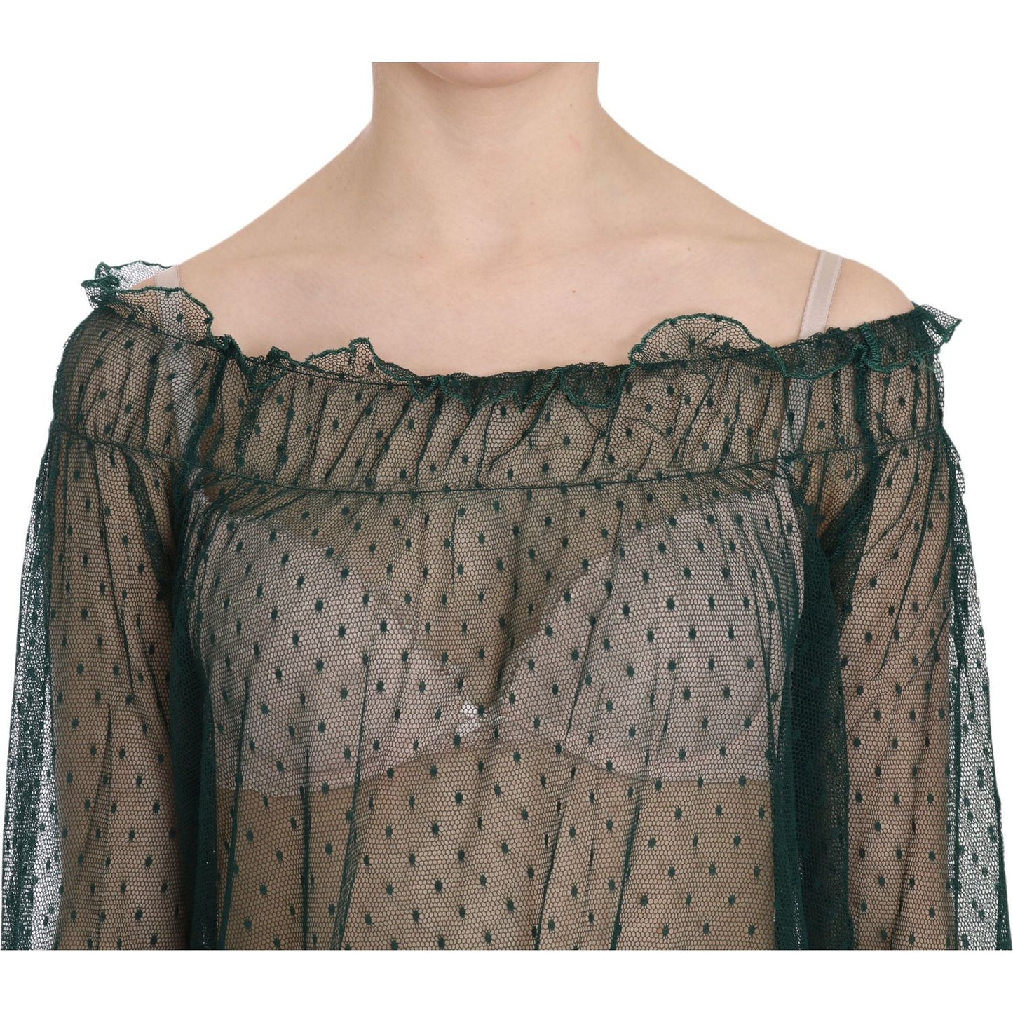 PINK MEMORIES Green Mesh See Through Long Sleeve Top Blouse