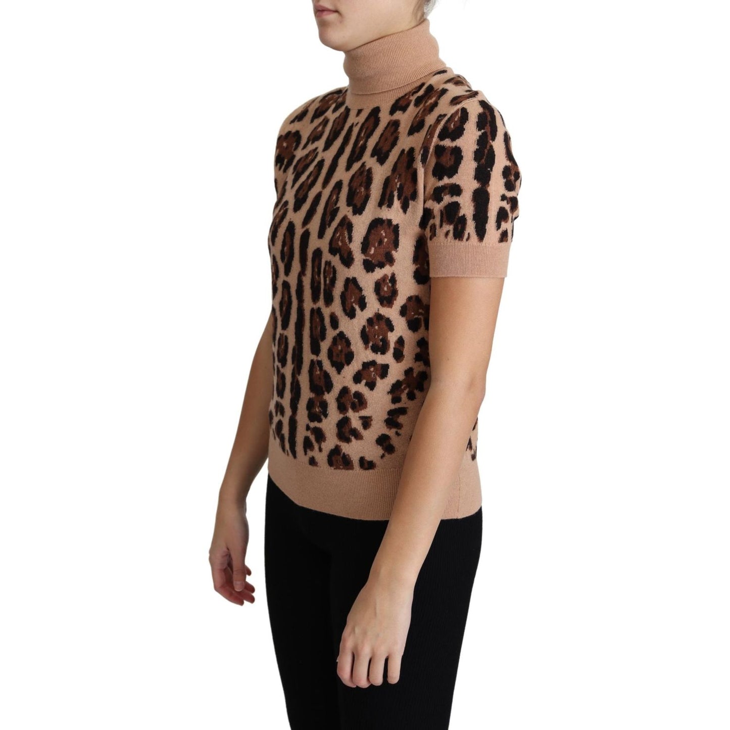 Dolce & Gabbana Beige Leopard Print Virgin Wool Turtleneck Top