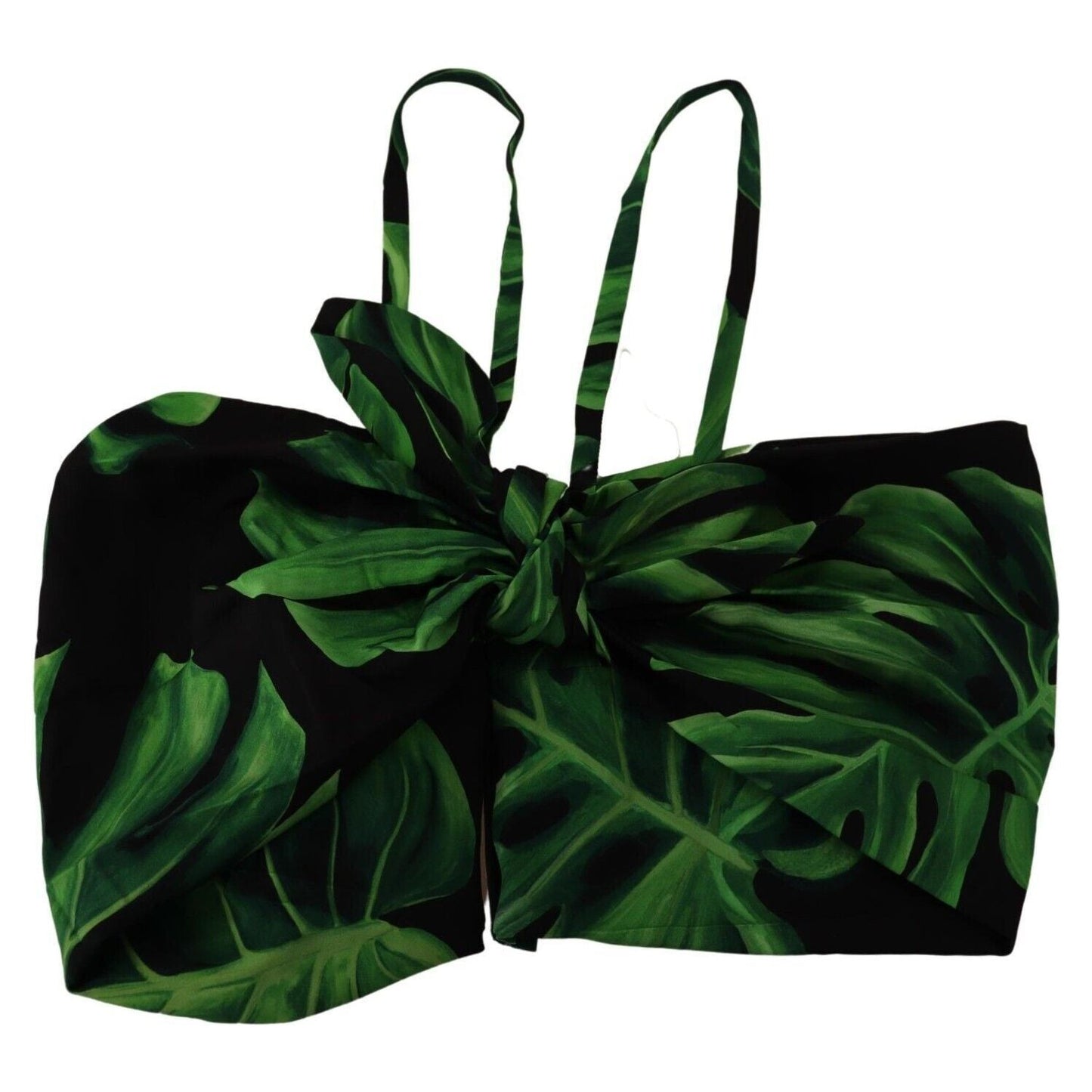 Dolce & Gabbana Black Green Leaf Silk Halter Cropped Top