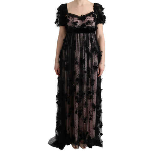 Dolce & Gabbana Black Pink Silk Applique Shift Dress