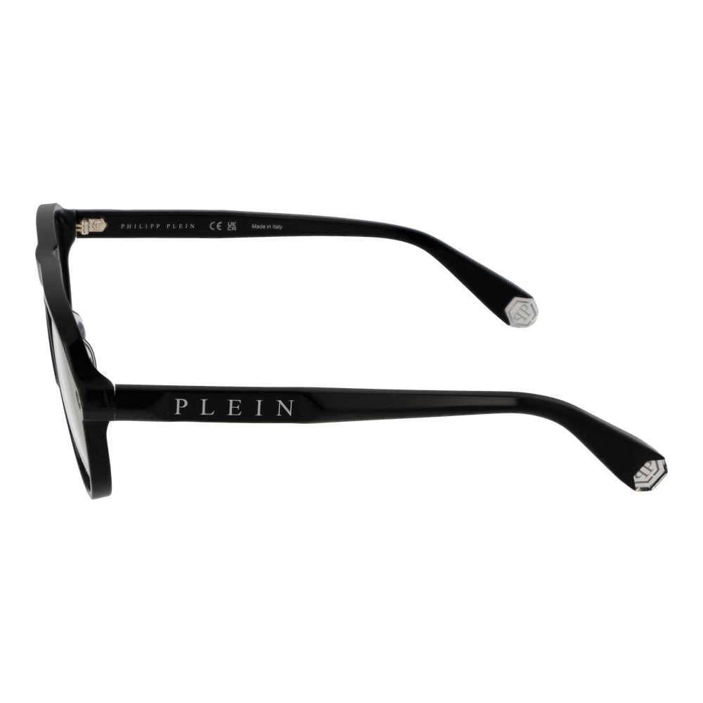 Side view of Philipp Plein Black Men Glasses Frame in full-rim cellulose acetate with branded temples, demo lenses, and no spring hinge.