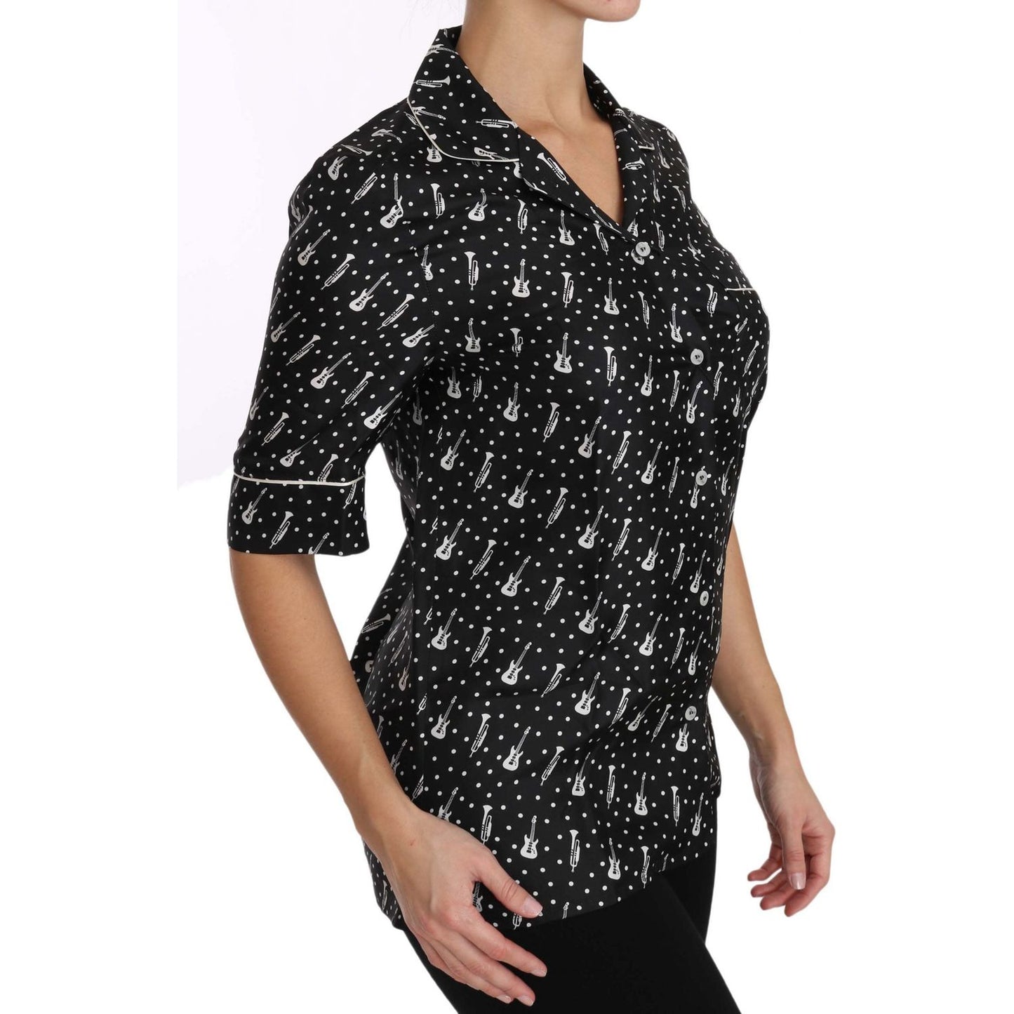Dolce & Gabbana Black GuitarTrumpet Print Silk Shirt Top