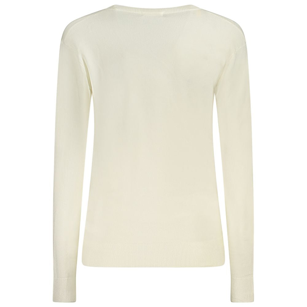 Back view of Guess Jeans White Viscose Sweater, long-sleeved with V-neck and contrasting details.