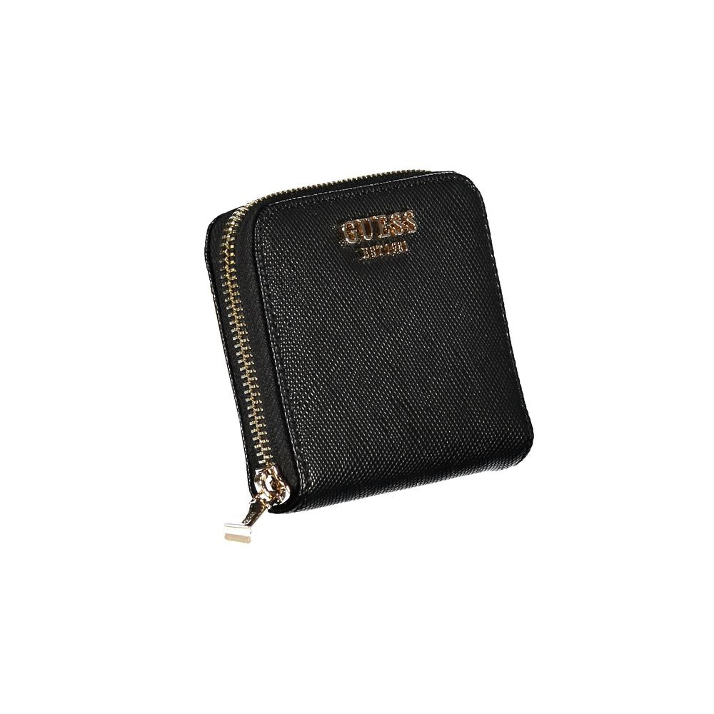 Guess Jeans Black Polyethylene Wallet with zip closure and logo, featuring card spaces and coin purse.