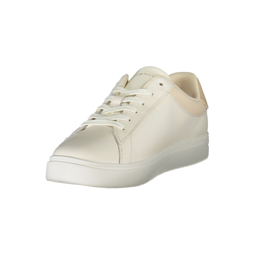 Tommy Hilfiger Beige Leather Women Sneaker in sleek design with signature logo and removable footbed for comfort and style.