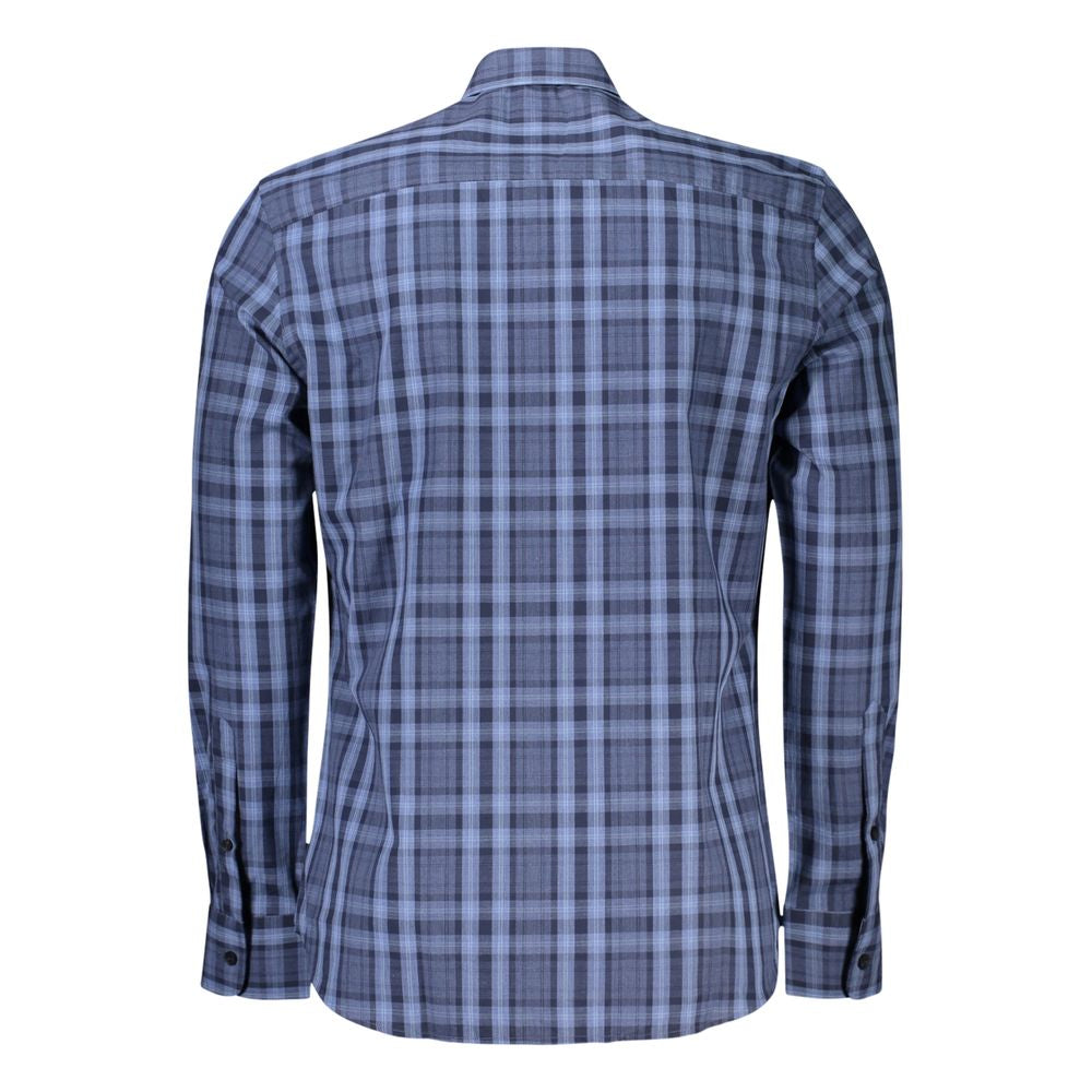Back view of North Sails Light Blue Cotton Men Shirt with tartan pattern and French collar.