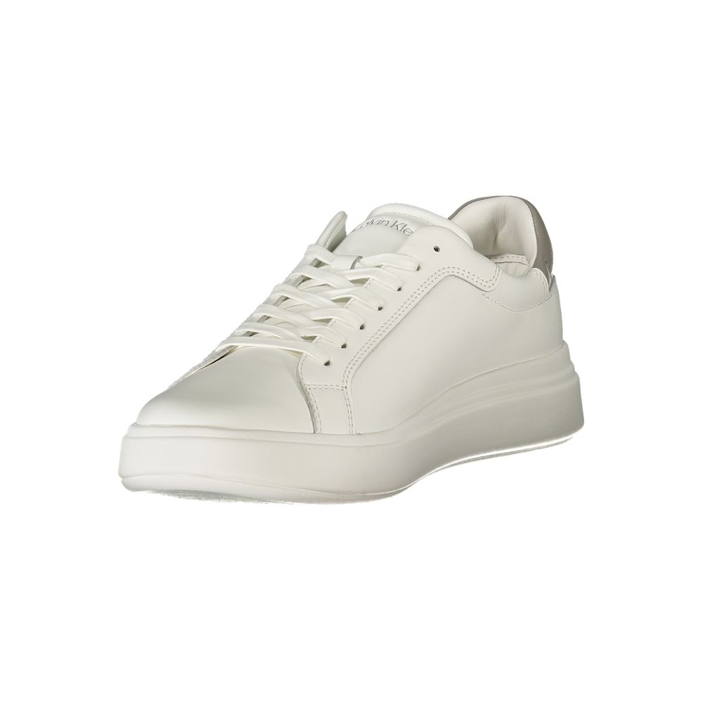 Calvin Klein White Polyester Sneaker with grey details and removable footbed, featuring laces and logo print.