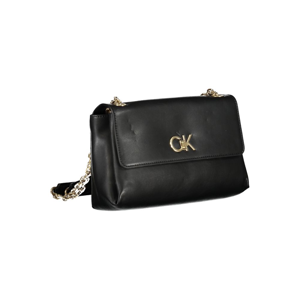 Calvin Klein Black Polyester Handbag with chain shoulder handles and logo emblem.