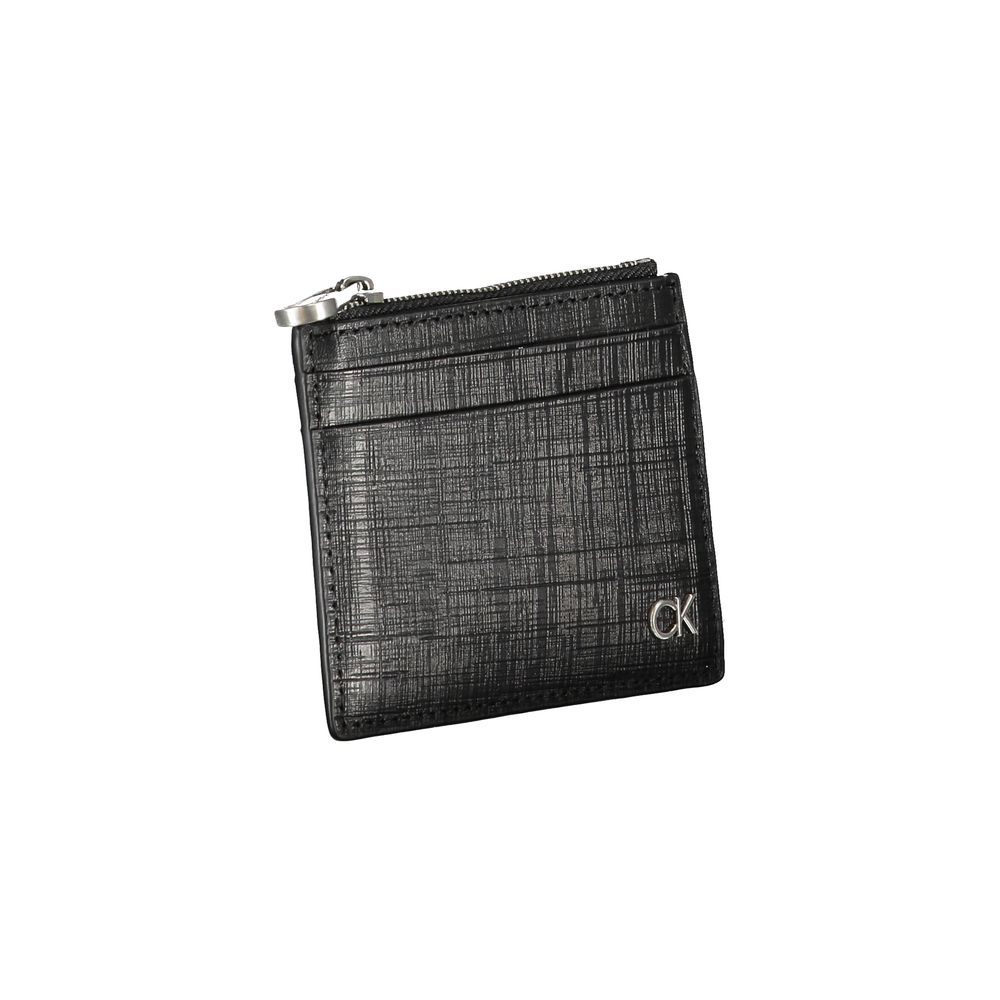 Calvin Klein Black Leather Wallet with card holder, central pocket, and zip closure.
