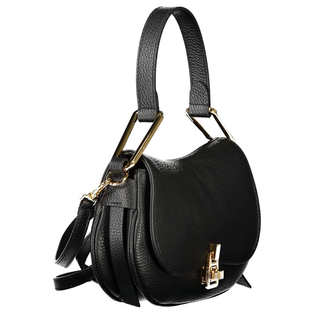 Coccinelle Black Leather Handbag with adjustable and removable shoulder strap, twist closure, logo, and internal pocket.