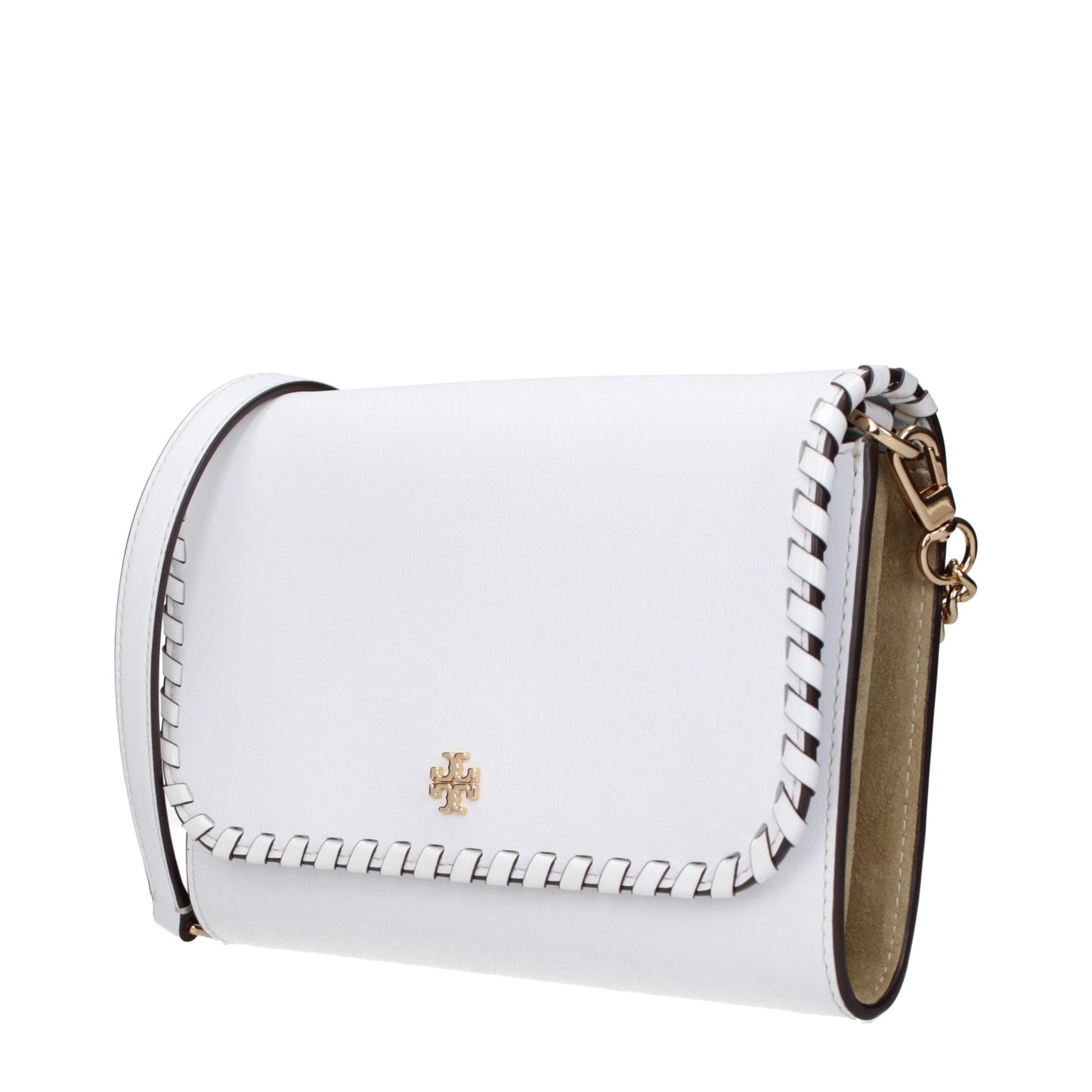 Tory Burch White Leather Clutch Bag with logo, vintage effect, detachable shoulder strap showcasing elegant design.