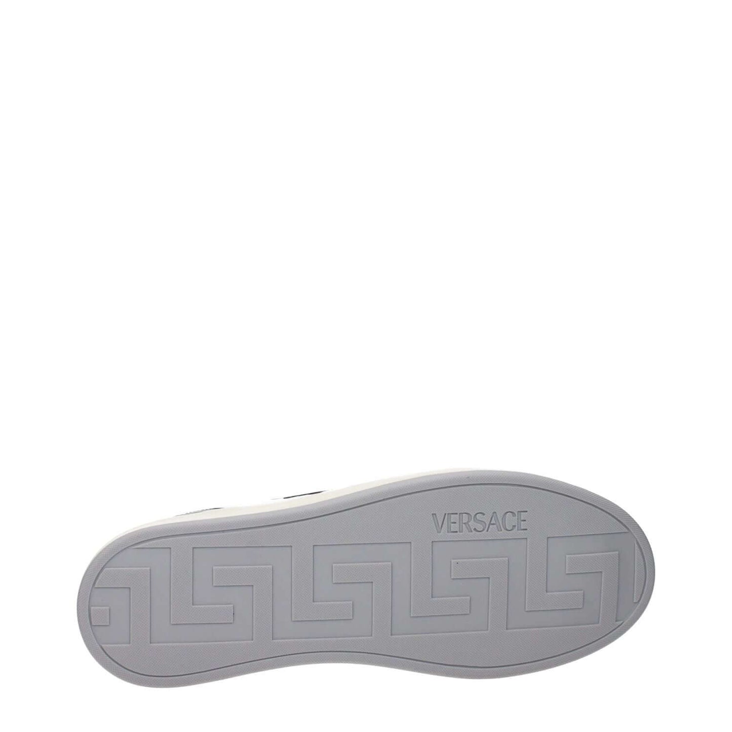 Sole of Versace White Leather Low Top Sneakers with Versace logo, showing detailed design pattern, emphasizing brand quality.