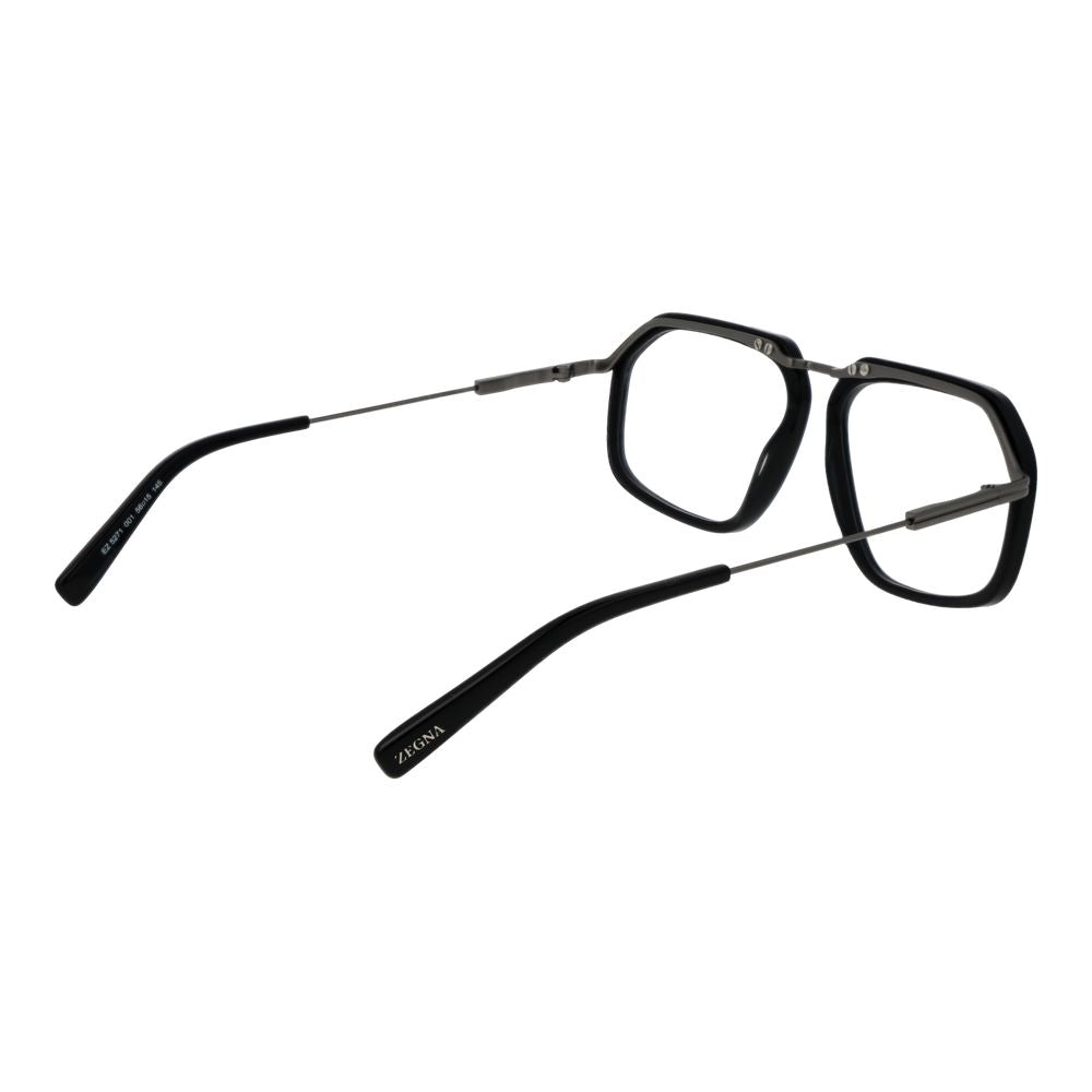 Ermenegildo Zegna Black Men Glasses Frame, aviator style, full-rim black metal frame with demo plastic lenses, includes branded case.