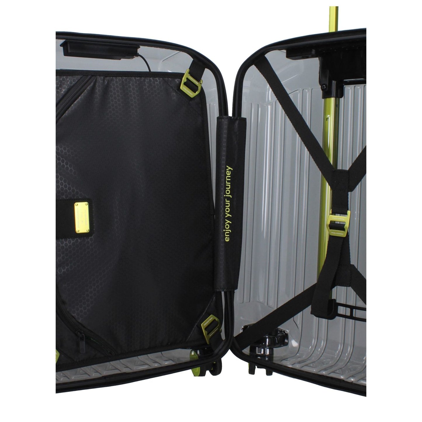 Interior view of Piquadro Gray Polycarbonate Luggage And Travel with compartments and luggage straps, showing durable design.