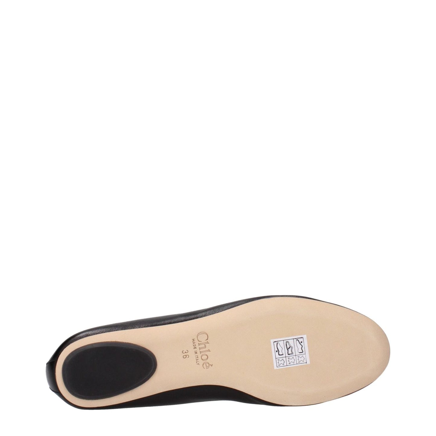 Sole view of Chloé Black Leather Ballet Flats with front detail and designer logo, showcasing elegant craftsmanship.