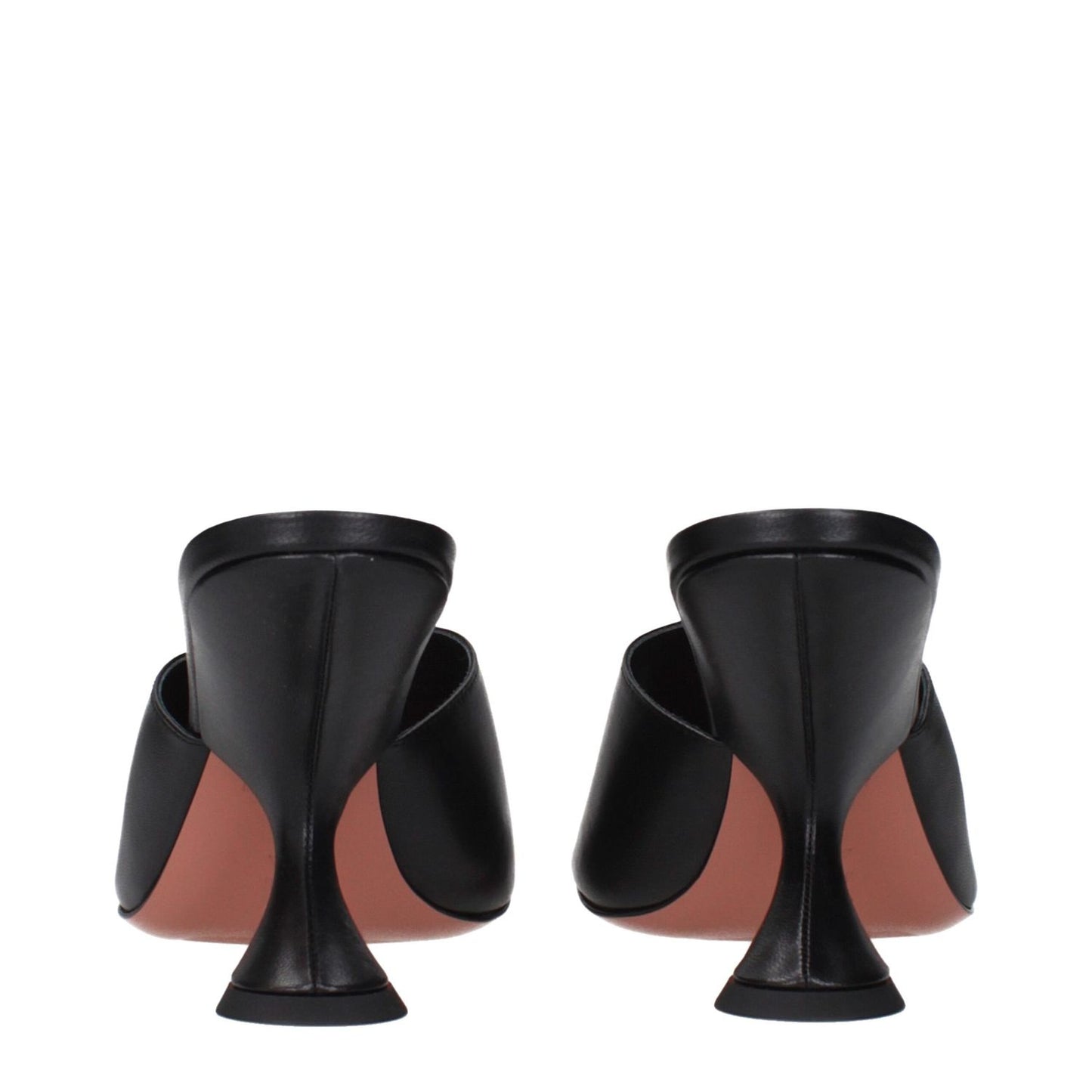 Rear view of Amina Muaddi Black Leather Stiletto Heel Sandals showcasing elegant heel design.