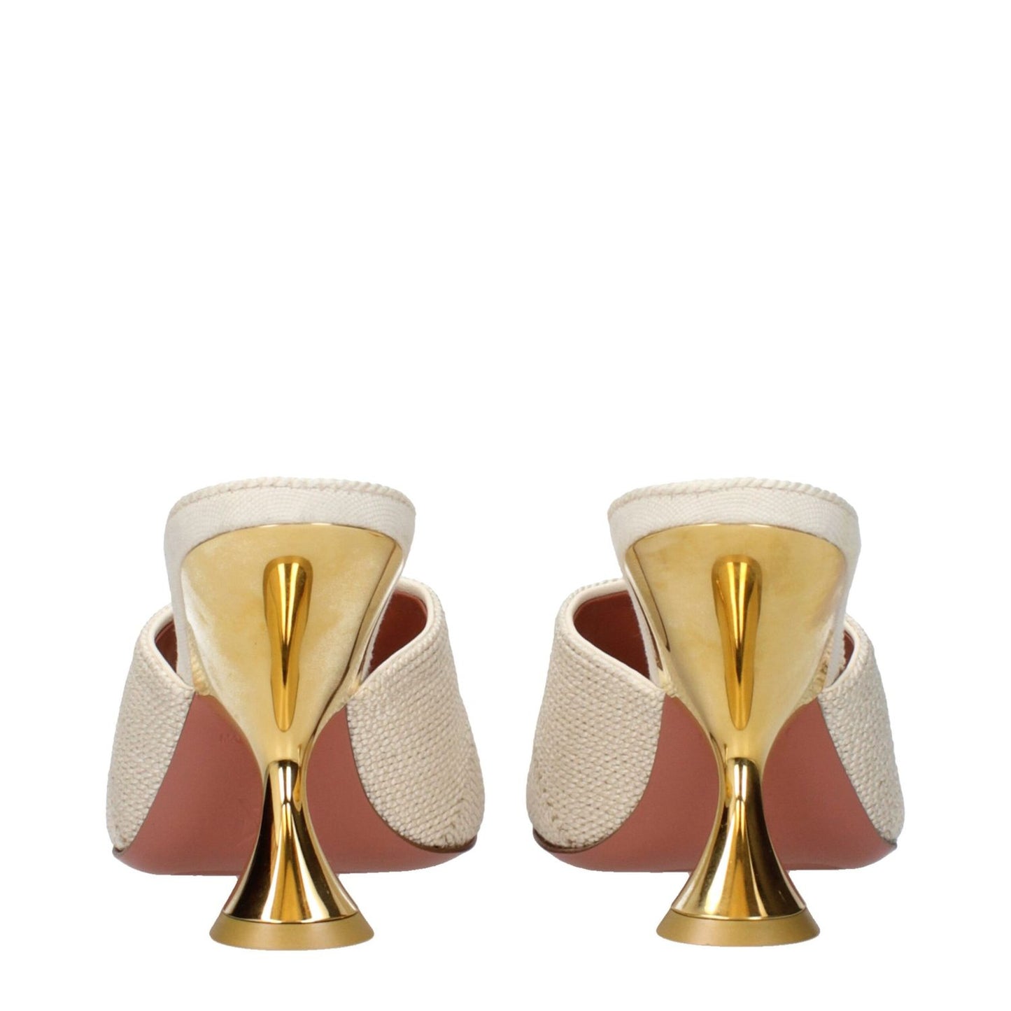 Back view of Amina Muaddi Beige Fabric Slippers with gold heels, showing the unique design and texture of the TAYLORWOVENSLIPPERWOVENBEIGE.