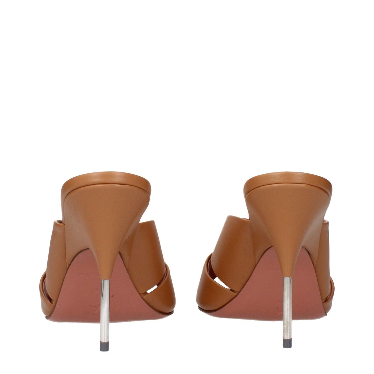 Back view of Amina Muaddi Brown Leather Stiletto Heel Sandals with silver heels and open back design.