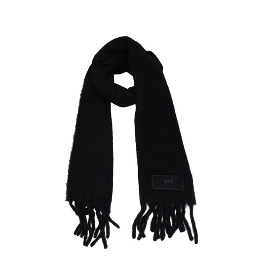Ami Paris Black Leather Scarf with fringes and side logo, made of alpaca polyamide blend, measuring 38x200 cm, casual style accessory.