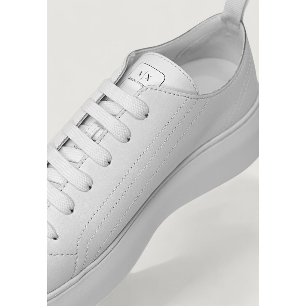 Armani Exchange White Leather Platform Sneakers for women with minimalist design and thick sole for comfort and style.