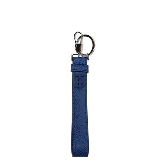 Burberry Blue Leather Keychain featuring front logo, casual style, and clips closure, made from blue leather. Measures 2x13.5 cm.