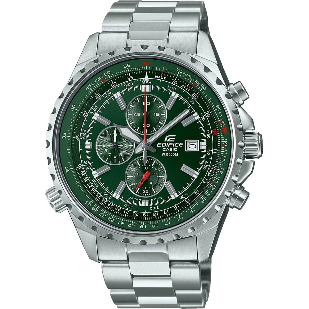 CASIO EDIFICE Mod. SLIDE RULE XL CHRONO - GREEN wristwatch with stainless steel strap and chronograph, 10 ATM water resistance.