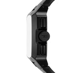 Side view of DIESEL Mod. CLIFFHANGER wristwatch with black stainless steel case and leather strap, showcasing sleek design.