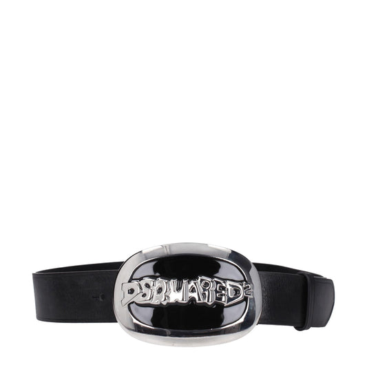 Dsquared² Black Leather Belt with silver buckle, vintage effect, logo, and hook closure, style Country, belt height 4.3 cm.