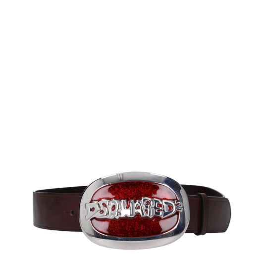 Dsquared² Brown Leather Regular Belt with vintage effect, silver logo, and red detailing, featuring a 4.3 cm hook closure.
