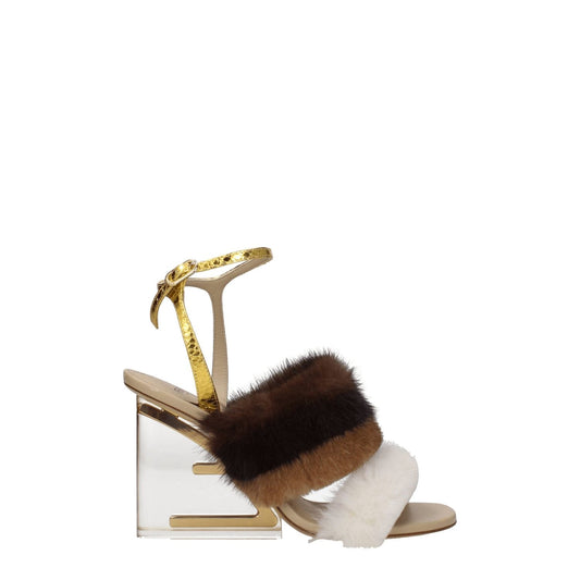 Fendi Brown Mink Strap-On Sandals with vintage effect, gold accents, and high 10 cm heel featuring buckle closure.