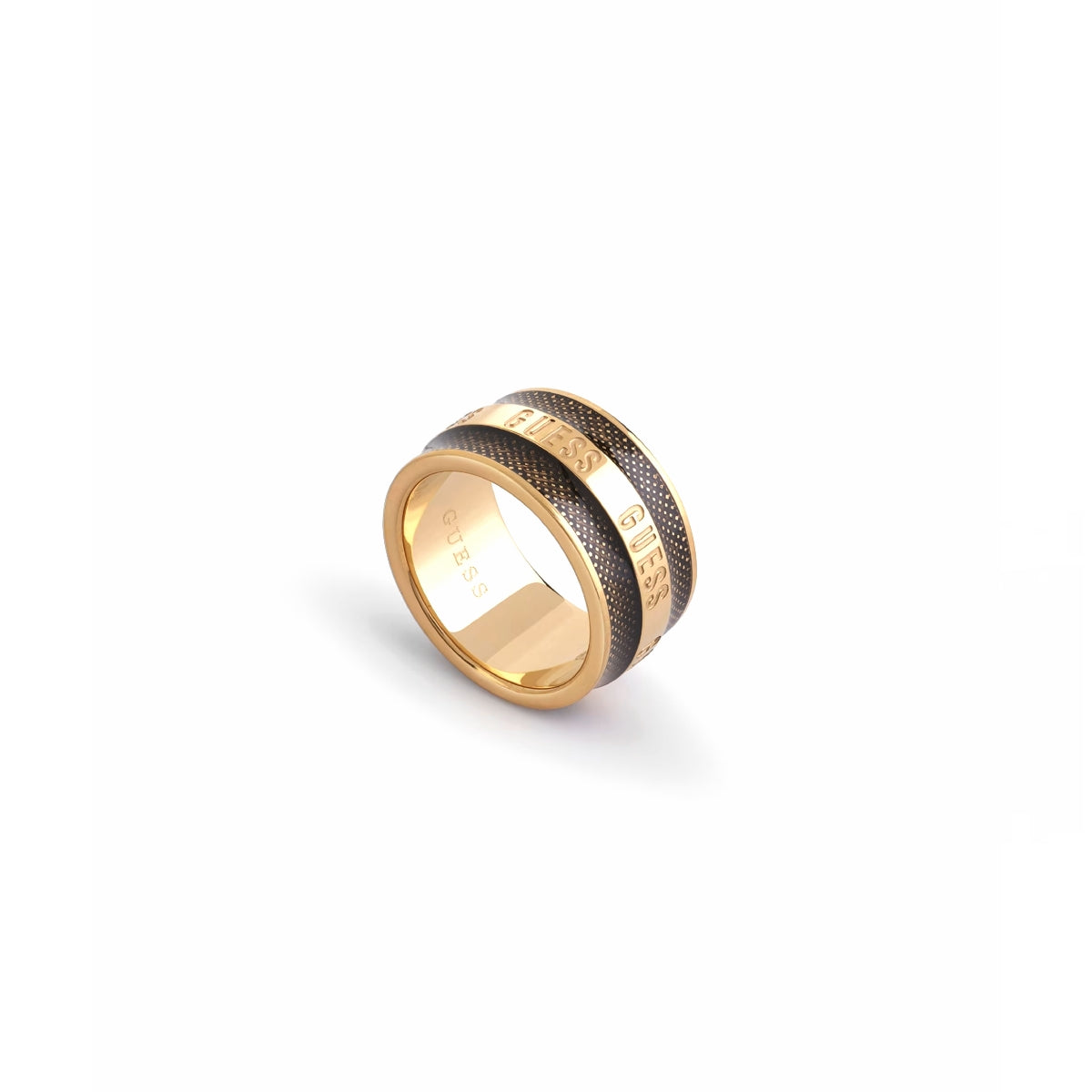 GUESS JEWELS JEWELRY Mod. JUMR03209JWYGBK64 gold and black band ring with engraved design, showcasing elegant and modern style.