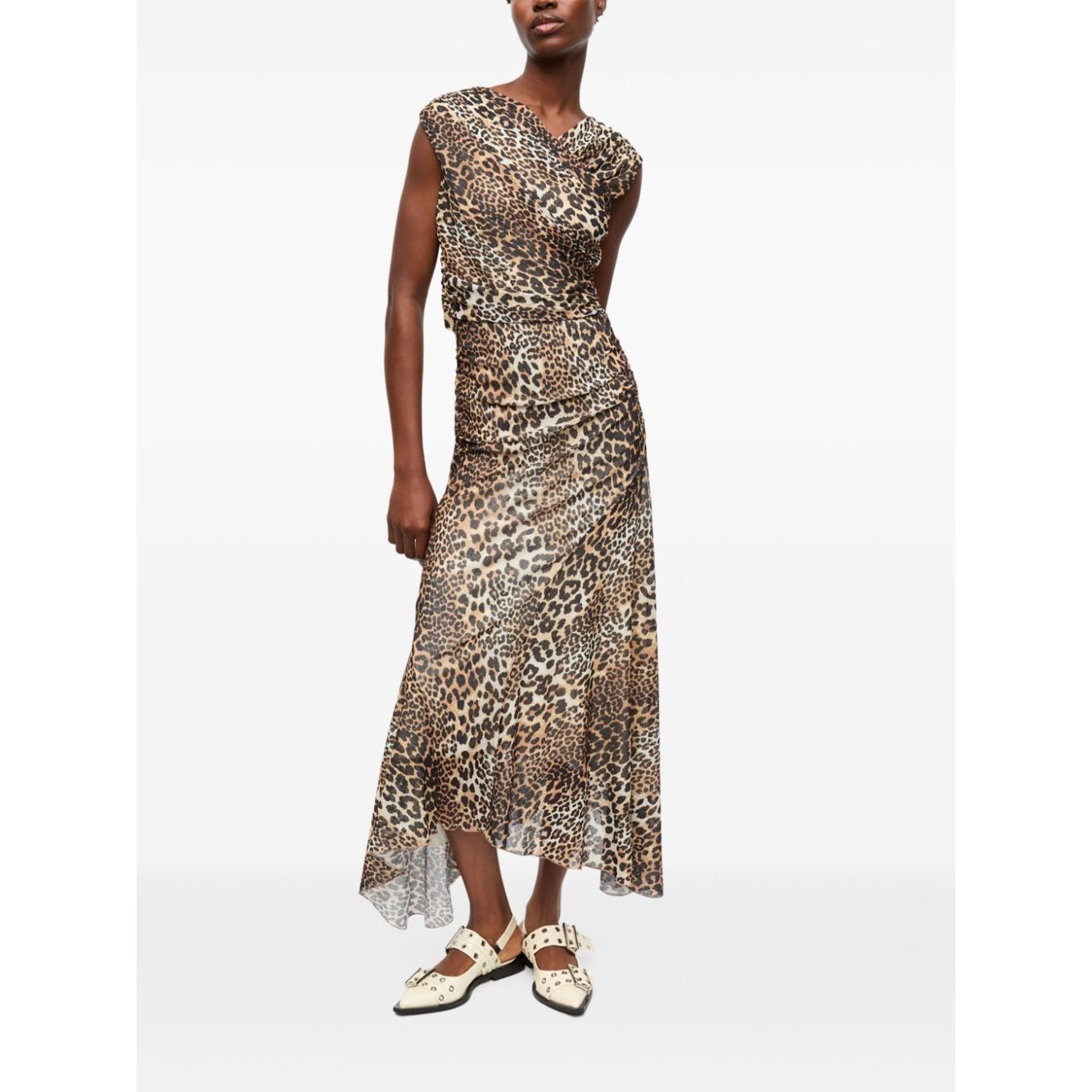 Ganni Leopard Marl Mesh Long Ruched Crossover Dress