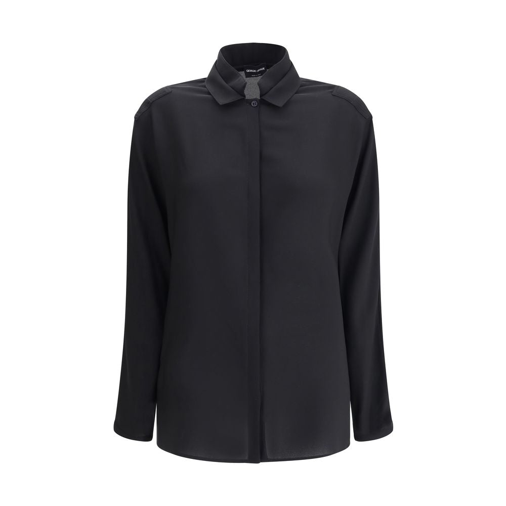 Giorgio Armani Silk Shirt with classic double collar and hidden button front, elegant design for a chic, timeless look. Made in Italy.