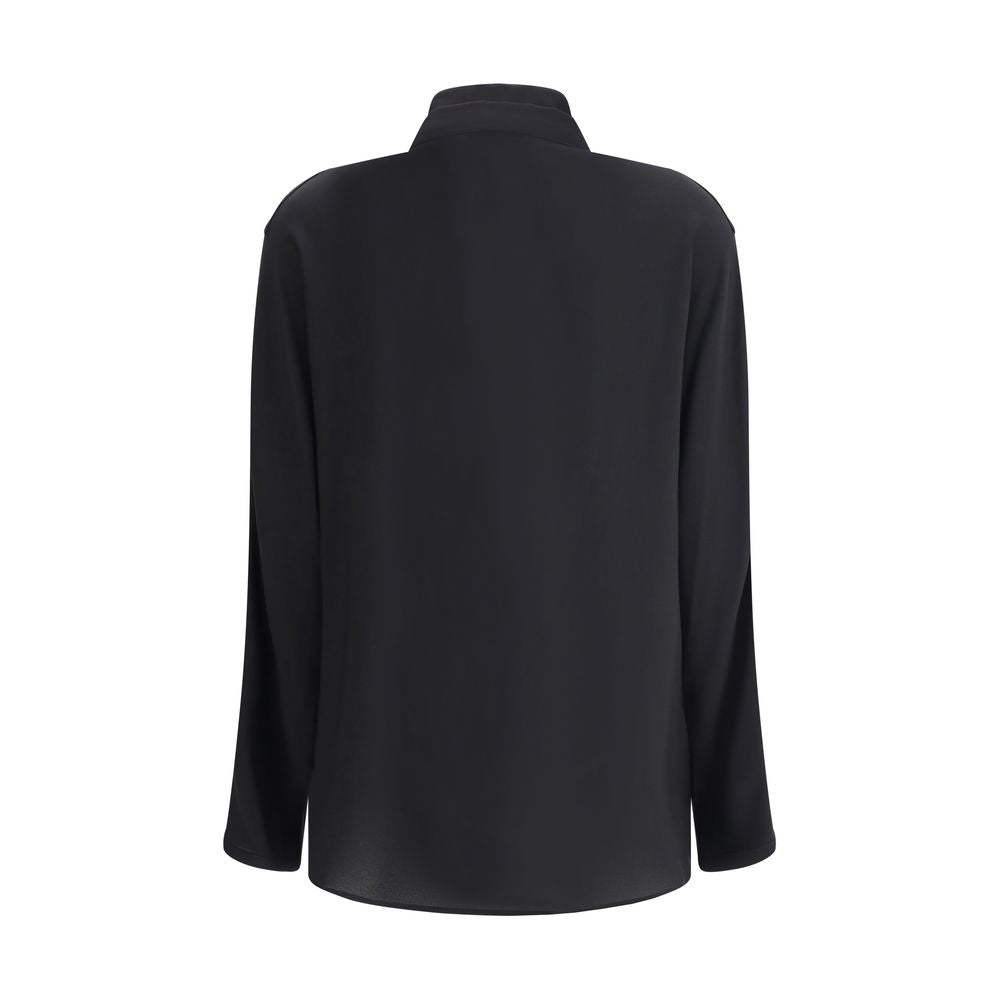 Back view of Giorgio Armani Silk Shirt with double collar and hidden buttons, showcasing elegant and refined design in black silk.