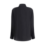 Back view of Giorgio Armani Silk Shirt with double collar and hidden buttons, showcasing elegant and refined design in black silk.