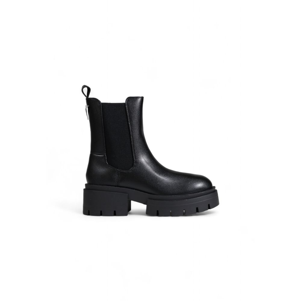 Guess Black Polyethylene Ankle Boots with chunky treaded sole and elastic side panels, showcasing minimalist style and durable design.
