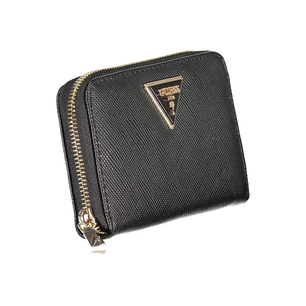 Guess Jeans Black Polyethylene Wallet with zip closure, coin purse, double card spaces, and logo.