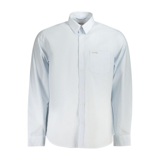 Guess Jeans Light Blue Cotton Men Shirt with Italian collar, long sleeves, classic fit, featuring 1-button cuffs and pocket detail.