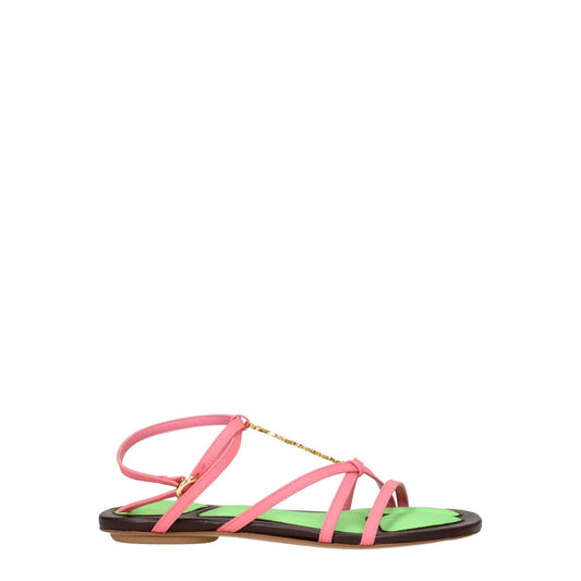 Jacquemus Pink Leather Flat Sandals with gold details and buckle closure, open toe design, casual style.