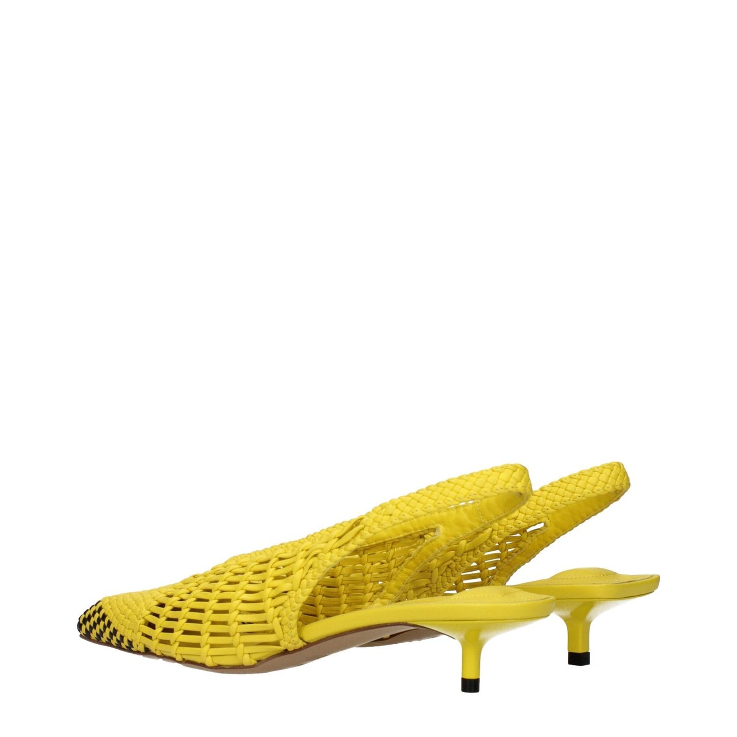 Jacquemus Yellow Leather Sandals with woven design and kitten heels, MPN 241FO1384357250, code F84876, side view.