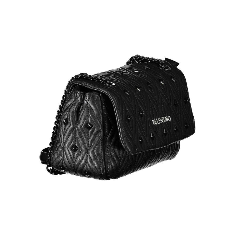 Mario Valentino Black Polyester Handbag with chain shoulder strap, logo, contrasting details, and zip closure.