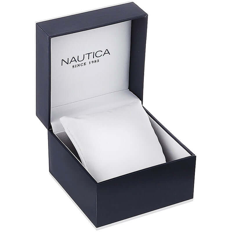 Official box packaging for NAUTICA Mod. NAPATS303 gent's quartz bracelet, showcasing luxury watch case for gifting.