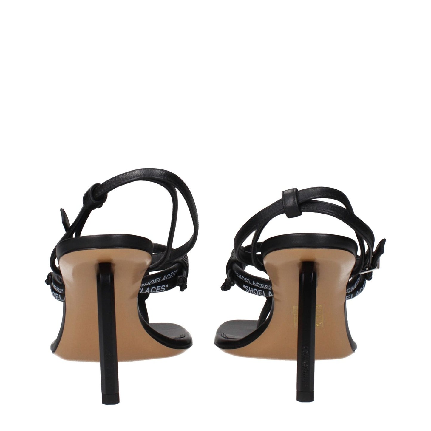 Rear view of Off-White Black Leather Flip-Flop Sandals with back logo detailing, featuring high heel design.