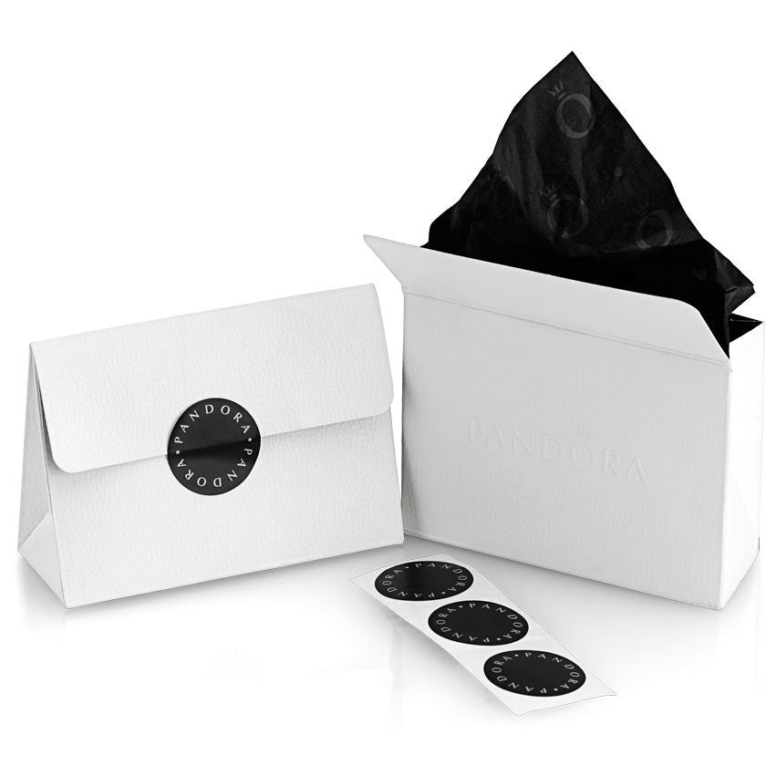 PANDORA JEWELRY Mod. 594028C00-17 packaging with black tissue paper and branded stickers in white boxes