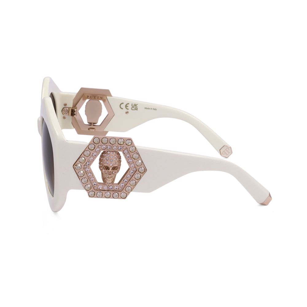 Philipp Plein White Acetate Sunglasses with skull detail on temple, brown lenses, and hexagon embellishments, model SPP102S-09ZQ.