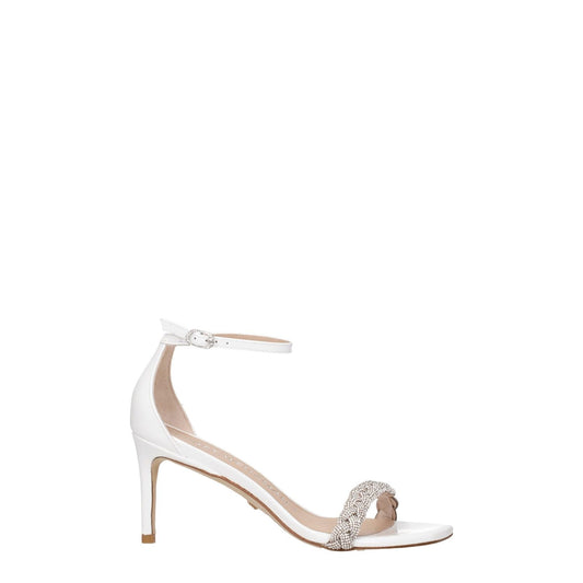 Stuart Weitzman White Leather Stiletto Heel Sandals with open toe, mid heels, and buckle closure, featuring crystal details.