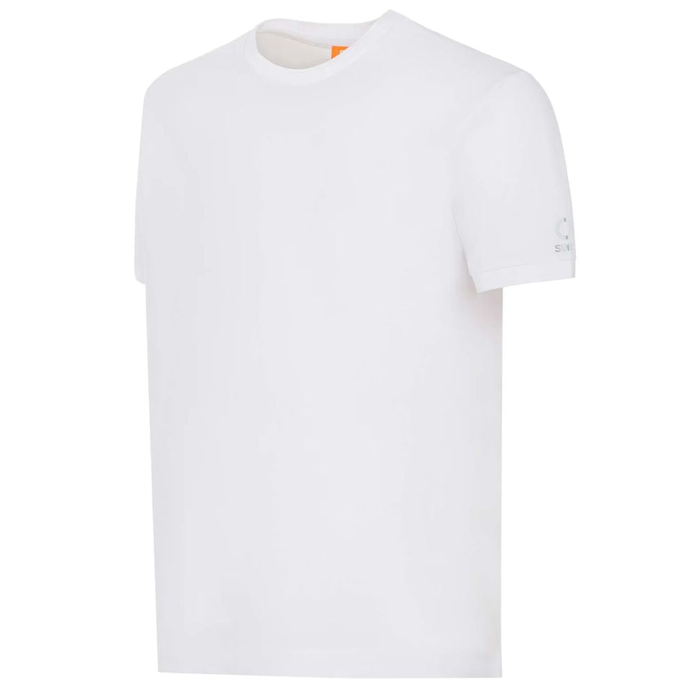 Suns White Cotton T-Shirt with crew neck, elasticated sleeves, and logo on left sleeve. Comfortable stretch fit for daily wear.