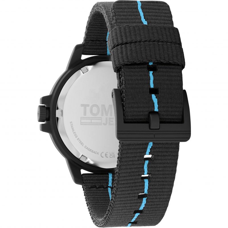 TOMMY HILFIGER Mod. 1791999 rear view featuring black strap and stitching, multifunction quartz watch for men, official packaging