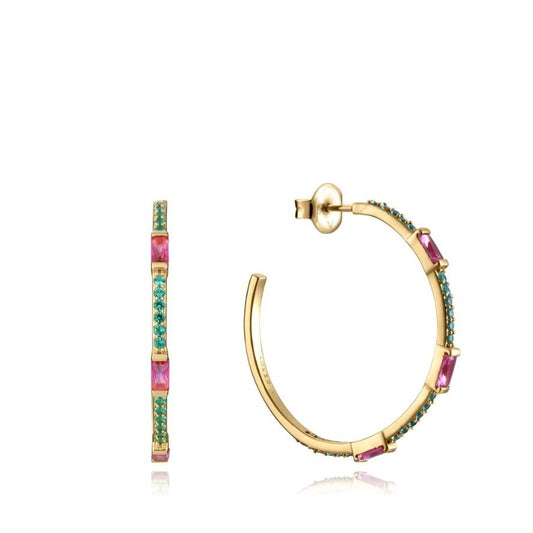 Gold hoop earrings with pink and teal gemstones, elegant design suitable for ladies' fashion.
