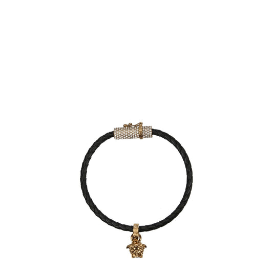 Versace Black Leather Bracelet with gold accents, featuring a hook closure and back logo. Casual style from luxury designer collection.